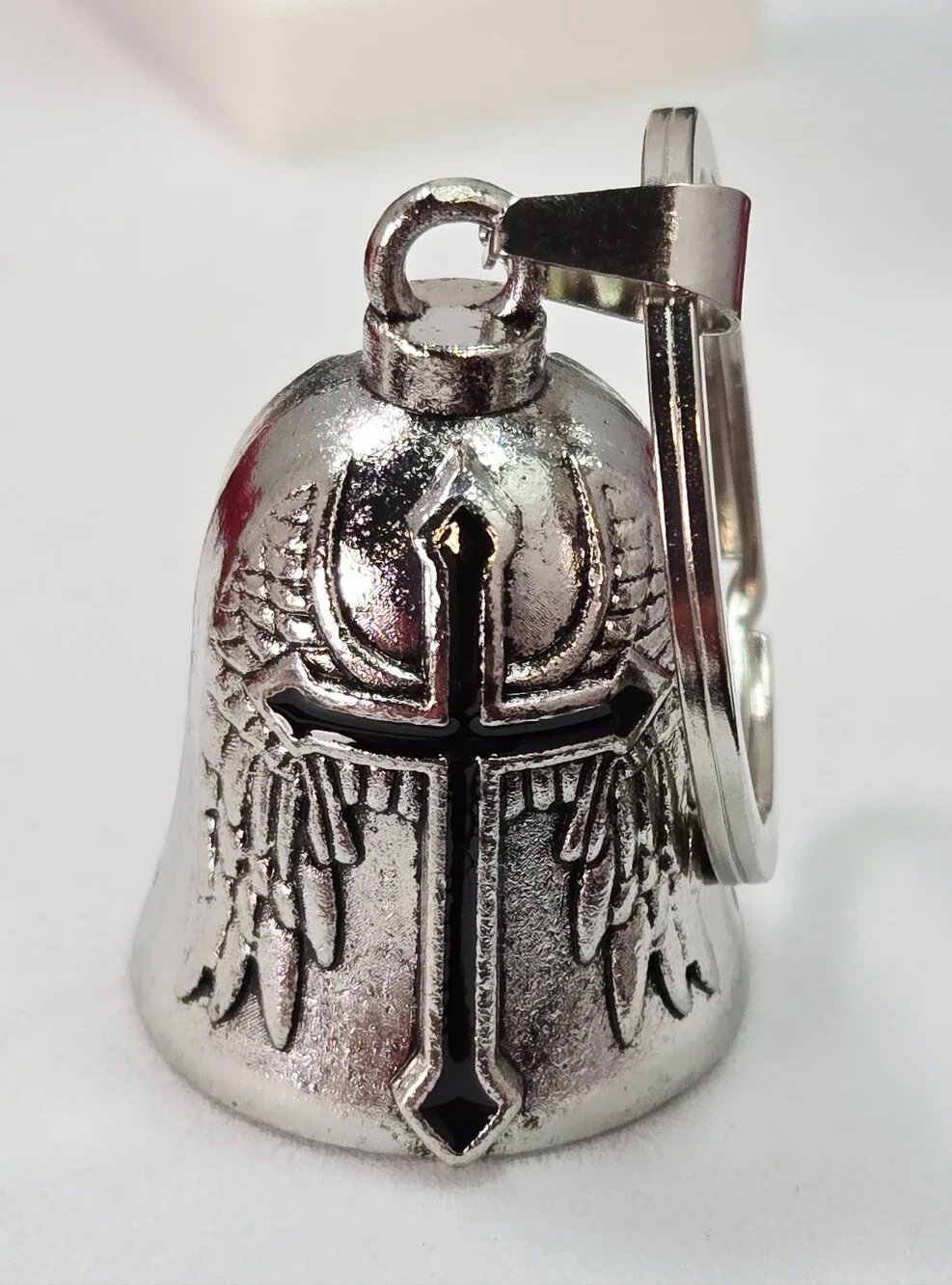 Silver Cross & Wings Bell Keychain